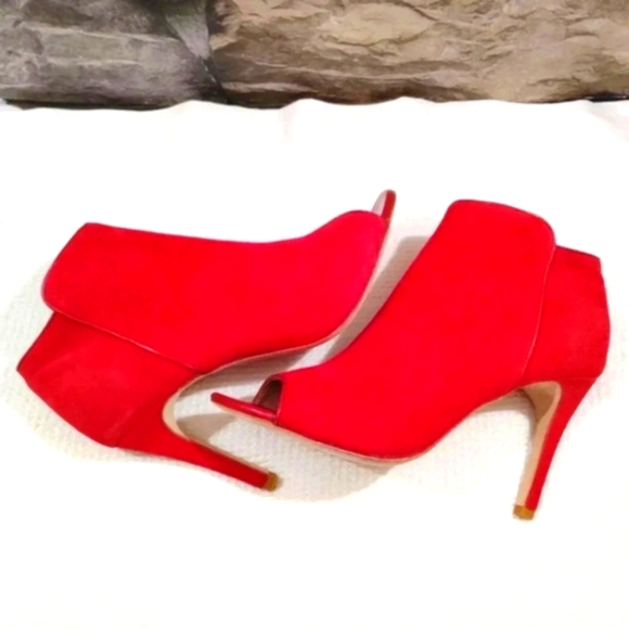 Joie Gwen Booties Chili Red Suede Full Leather Peekaboo Heels US 7 EU 38 Peeptoe - Picture 1 of 14